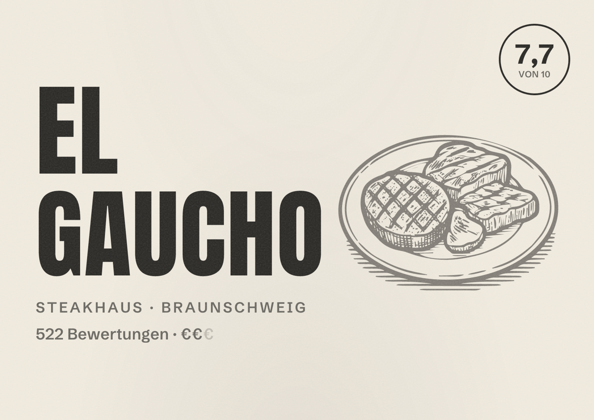 Illustriertes Poster von El Gaucho, Steakhaus in Braunschweig: Bewertung 7,7 von 10 aus 522 Bewertungen, Preisniveau €€