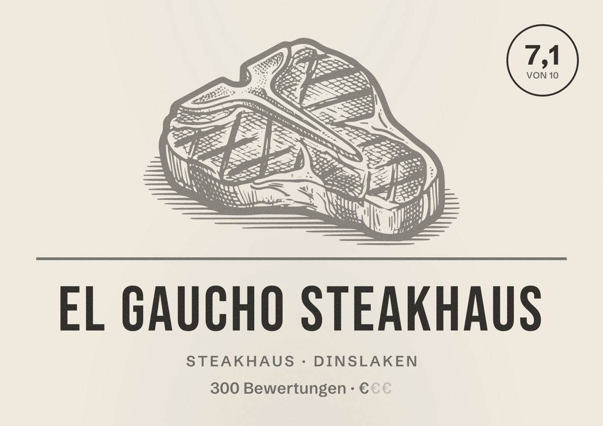 Illustriertes Poster von El Gaucho Steakhaus, Steakhaus in Dinslaken: Bewertung 7,1 von 10 aus 300 Bewertungen, Preisniveau €
