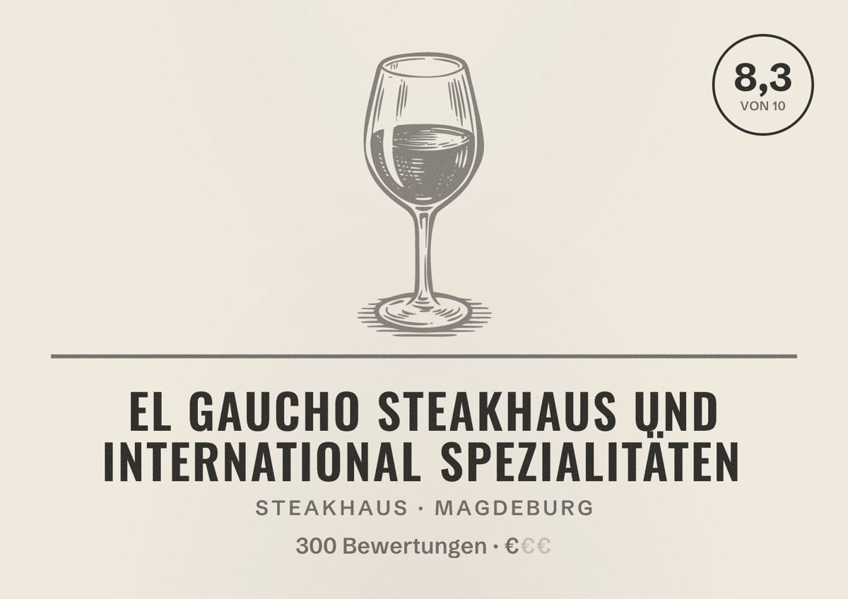 Illustriertes Poster von El Gaucho Steakhaus und international Spezialitäten, Steakhaus in Magdeburg: Bewertung 8,3 von 10 aus 300 Bewertungen, Preisniveau €