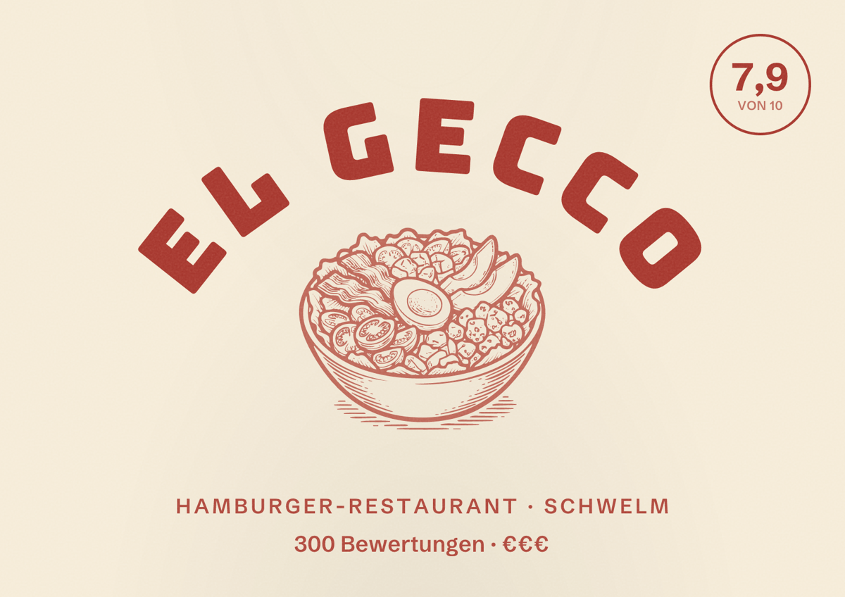 Illustriertes Poster von el gecco, Hamburger-Restaurant in Schwelm: Bewertung 7,9 von 10 aus 300 Bewertungen, Preisniveau €€€