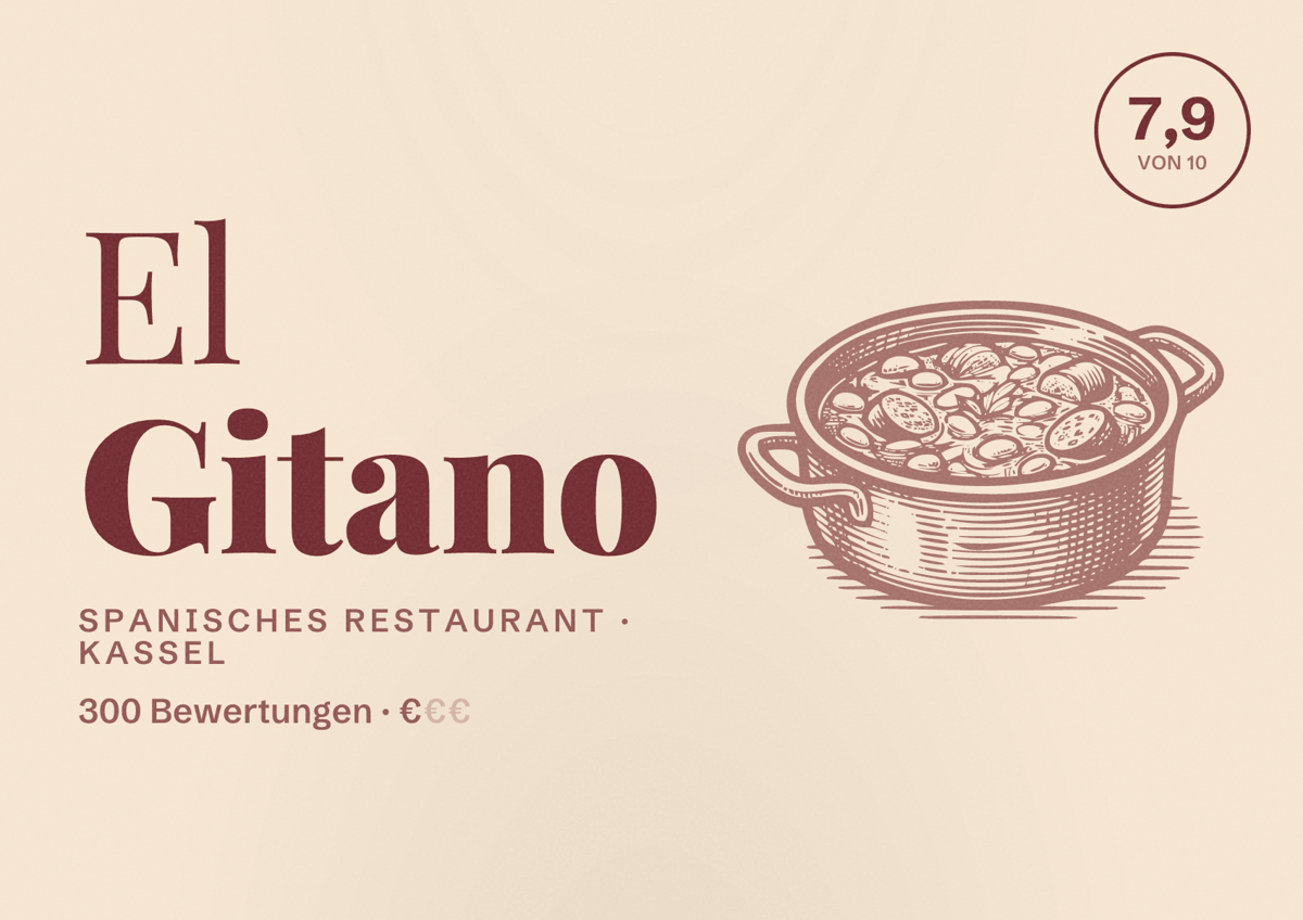 Illustriertes Poster von El Gitano, Spanisches Restaurant in Kassel: Bewertung 7,9 von 10 aus 300 Bewertungen, Preisniveau €