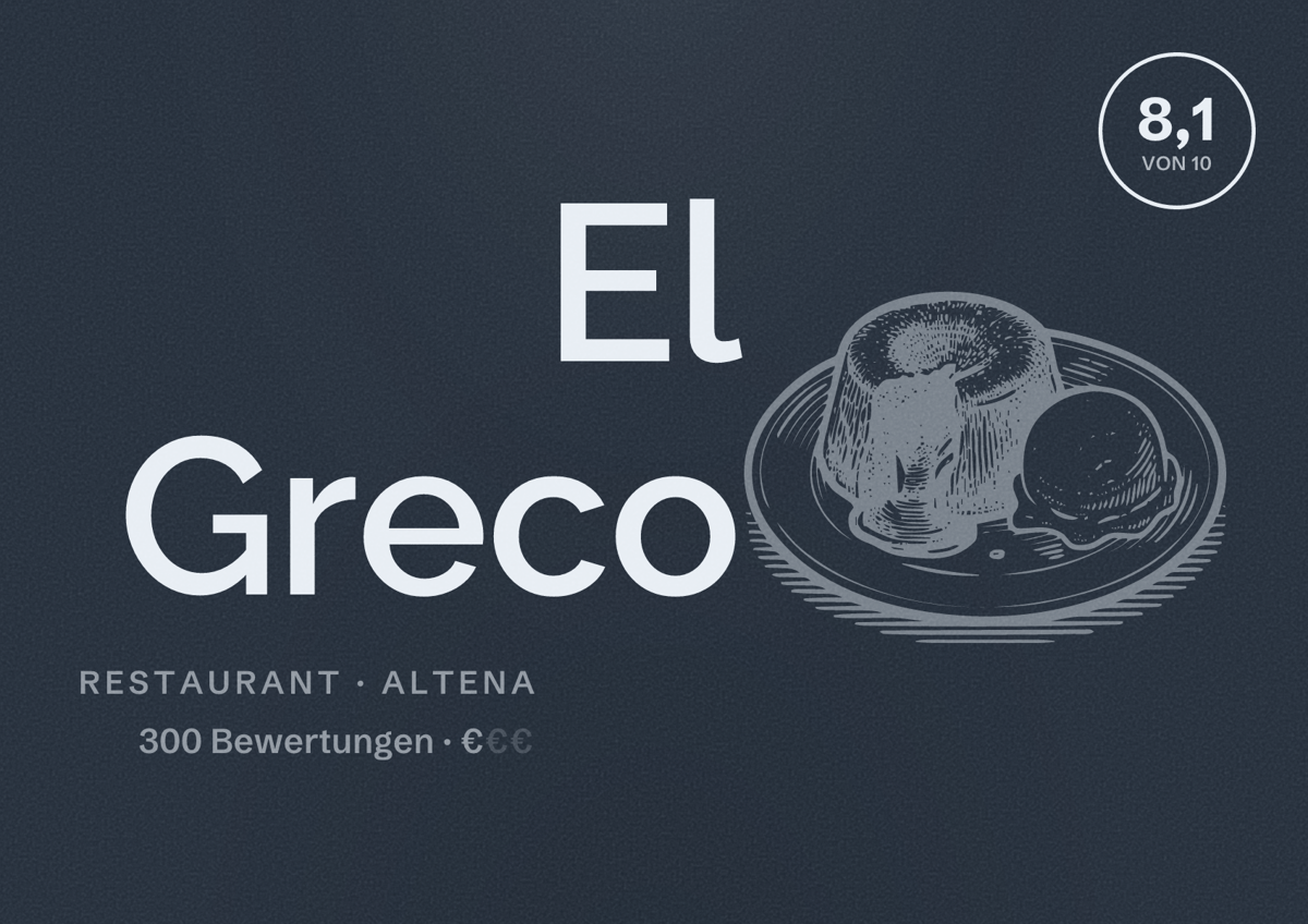 Illustriertes Poster von El Greco, Restaurant in Altena: Bewertung 8,1 von 10 aus 300 Bewertungen, Preisniveau €