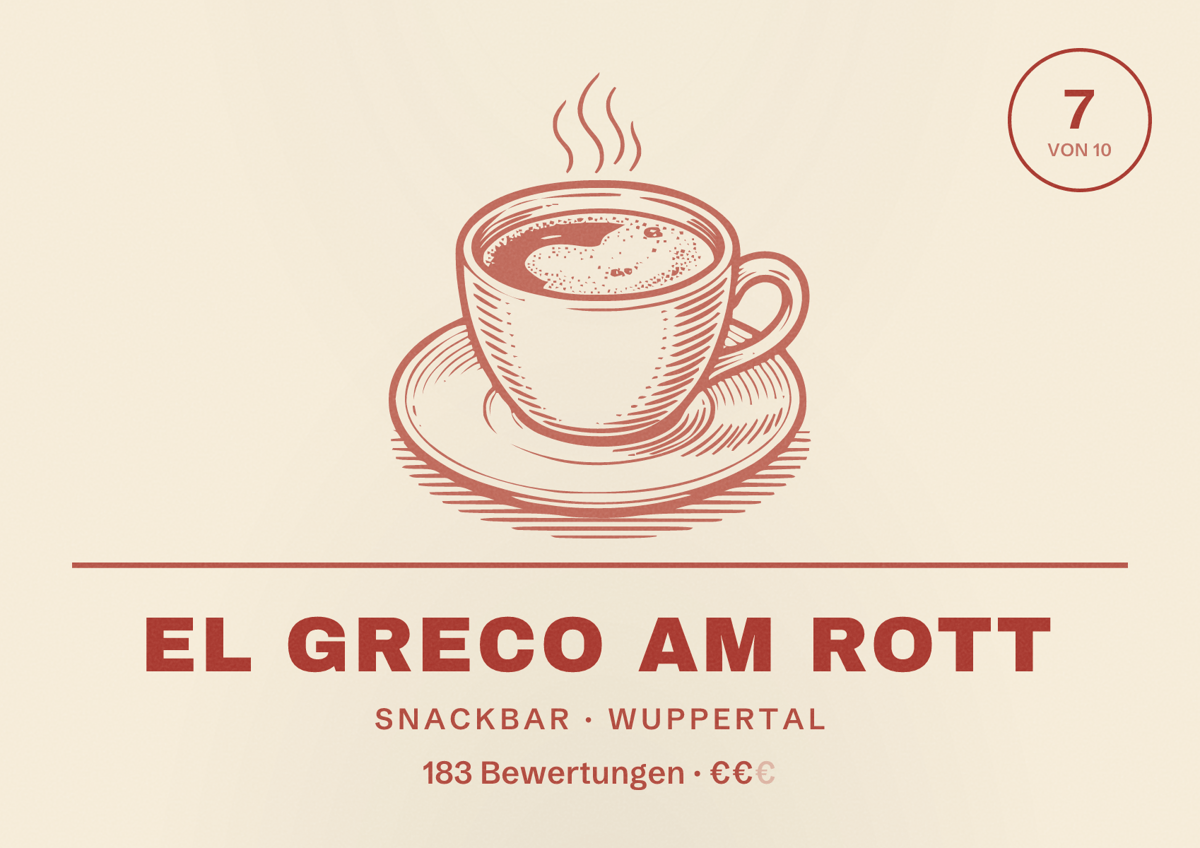 Illustriertes Poster von El Greco am Rott, Snackbar in Wuppertal: Gästebewertung 7 von 10 aus 183 Bewertungen