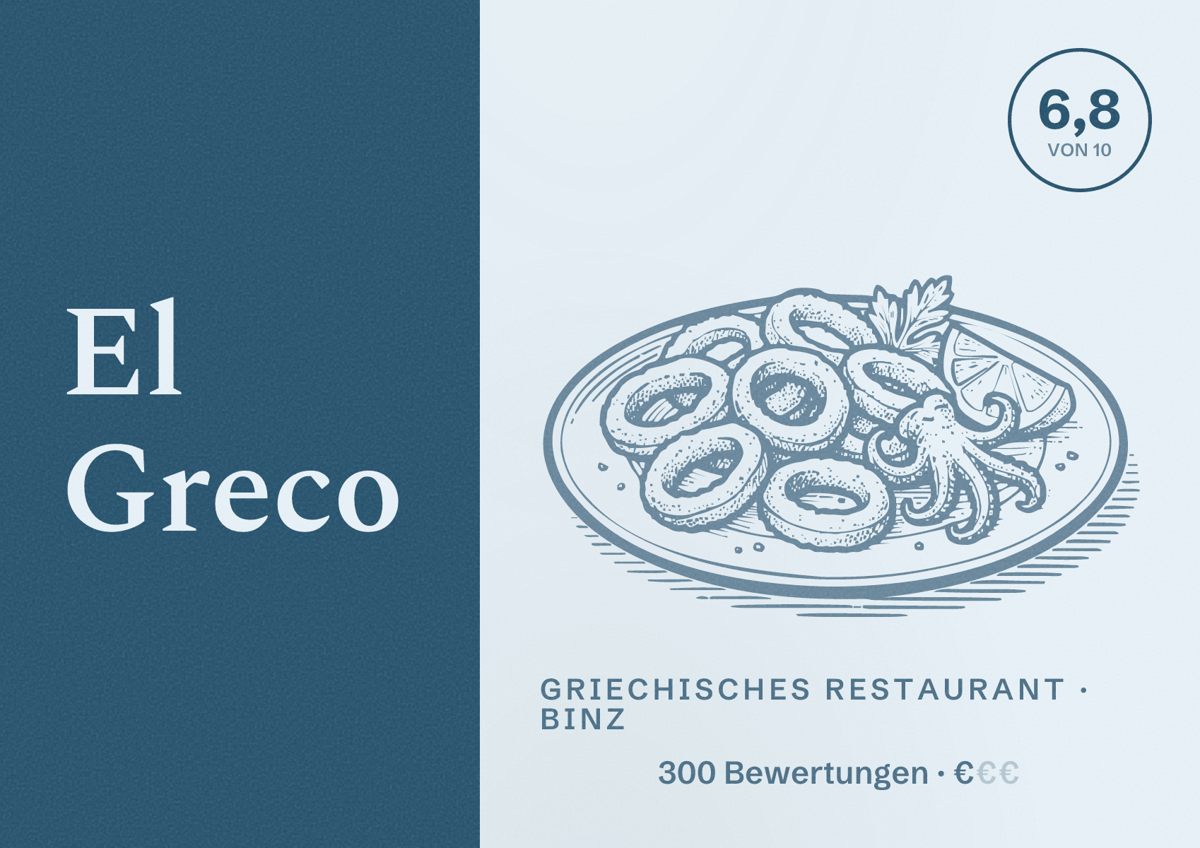 Illustriertes Poster von El Greco, Griechisches Restaurant in Binz: Bewertung 6,8 von 10 aus 300 Bewertungen, Preisniveau €