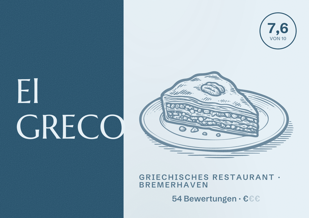 Illustriertes Poster von El GRECO, Griechisches Restaurant in Bremerhaven: Bewertung 7,6 von 10 aus 54 Bewertungen, Preisniveau €