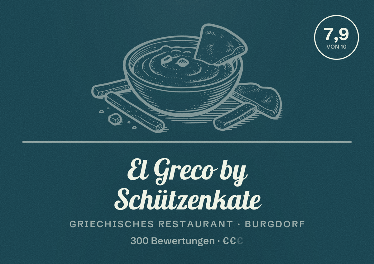 Illustriertes Poster von El Greco by Schützenkate, Griechisches Restaurant in Burgdorf: Bewertung 7,9 von 10 aus 300 Bewertungen, Preisniveau €€