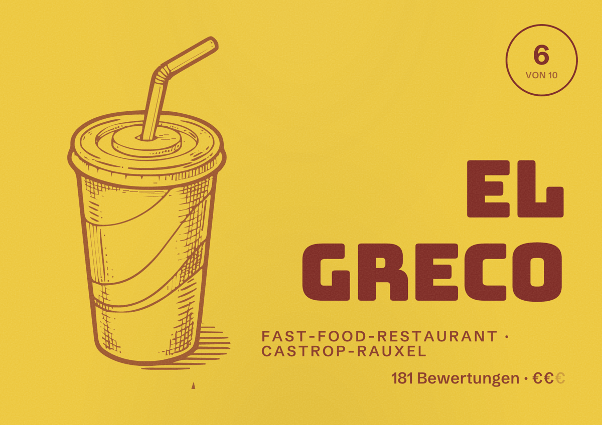 Illustriertes Poster von El Greco, Fast-Food-Restaurant in Castrop-Rauxel: Bewertung 6,0 von 10 aus 181 Bewertungen, Preisniveau €€