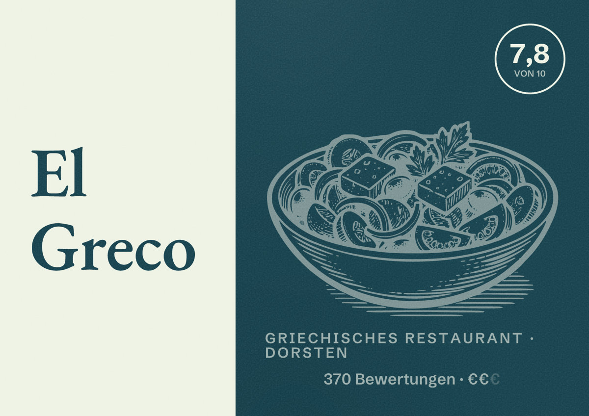 Illustriertes Poster von El Greco, Griechisches Restaurant in Dorsten: Bewertung 7,8 von 10 aus 370 Bewertungen, Preisniveau €€