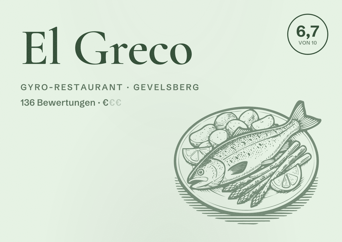 Illustriertes Poster von El Greco, Gyro-Restaurant in Gevelsberg: Bewertung 6,7 von 10 aus 136 Bewertungen, Preisniveau €