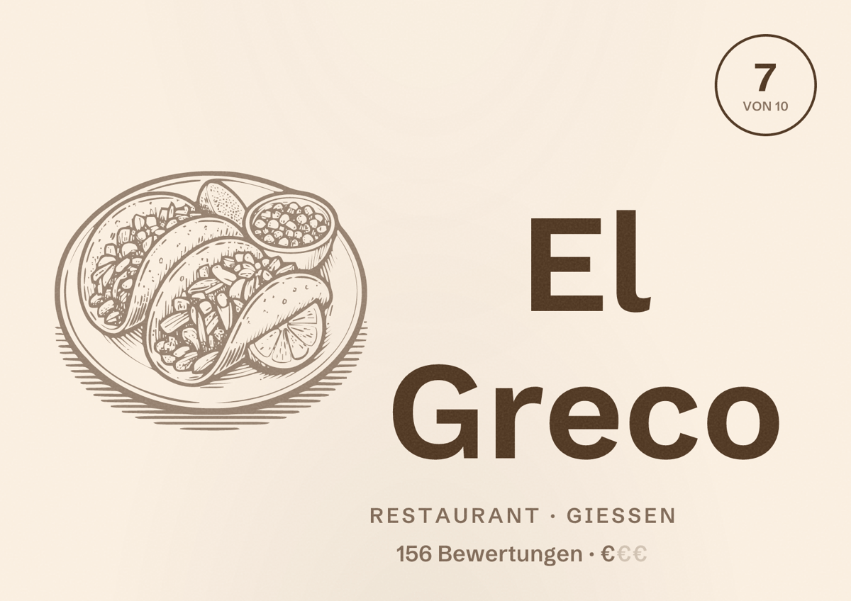 Illustriertes Poster von El Greco, Restaurant in Gießen: Bewertung 7 von 10 aus 156 Bewertungen, Preisniveau €