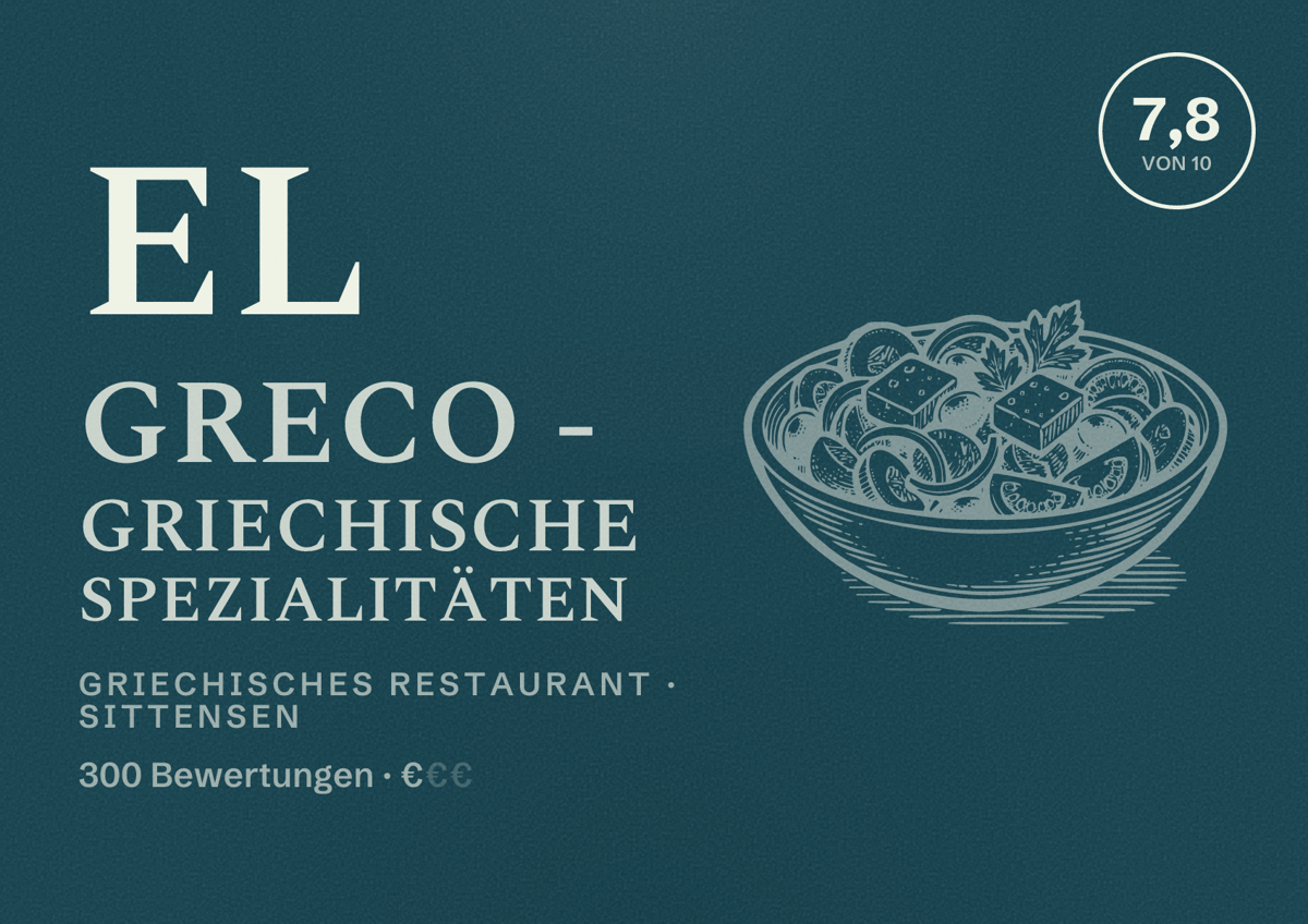 Illustriertes Poster von El Greco - Griechische Spezialitäten, Griechisches Restaurant in Sittensen: Bewertung 7,8 von 10 aus 300 Bewertungen, Preisniveau €