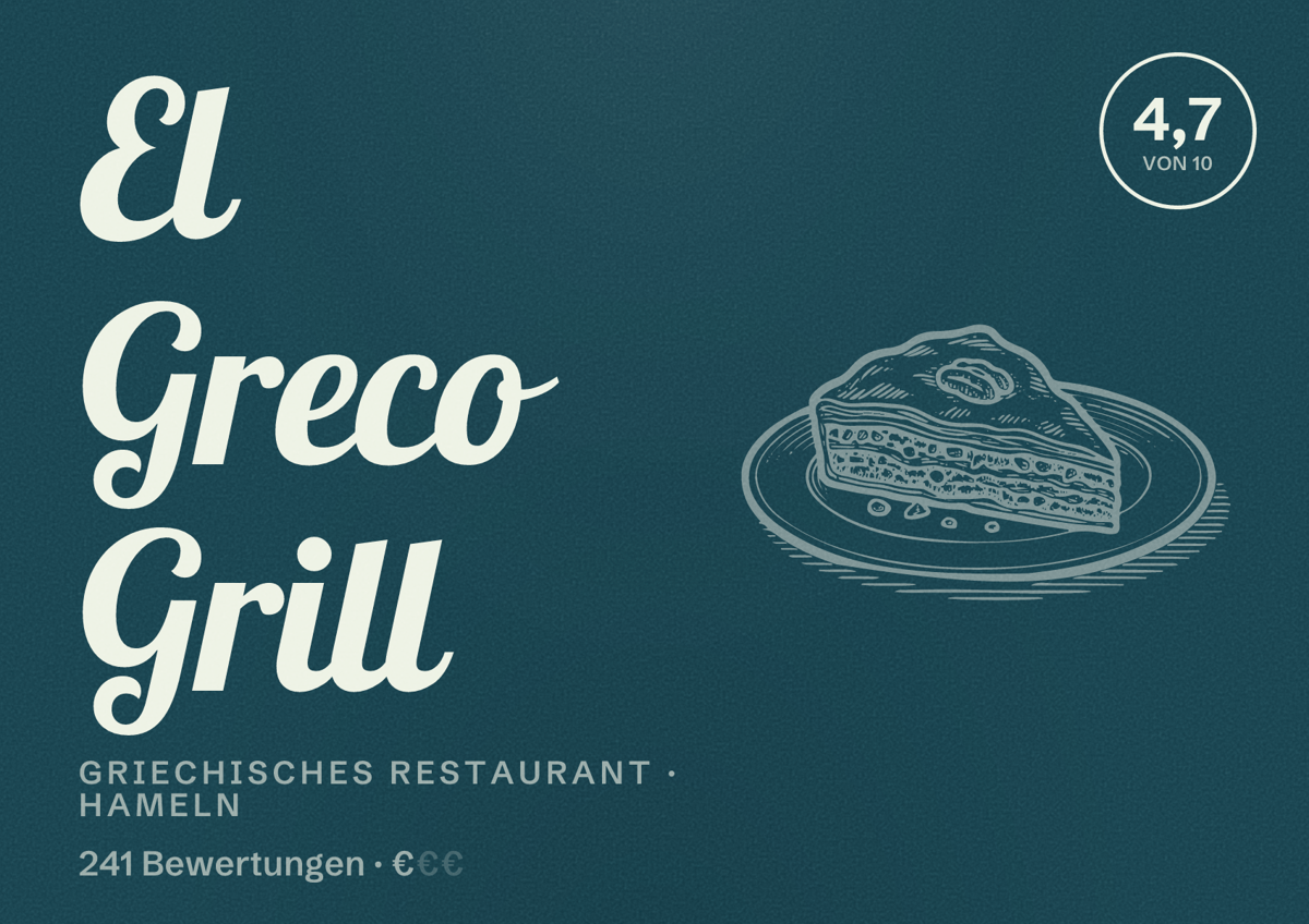 Illustriertes Poster von El Greco Grill, Griechisches Restaurant in Hameln: Bewertung 4,7 von 10 aus 241 Bewertungen, Preisniveau €