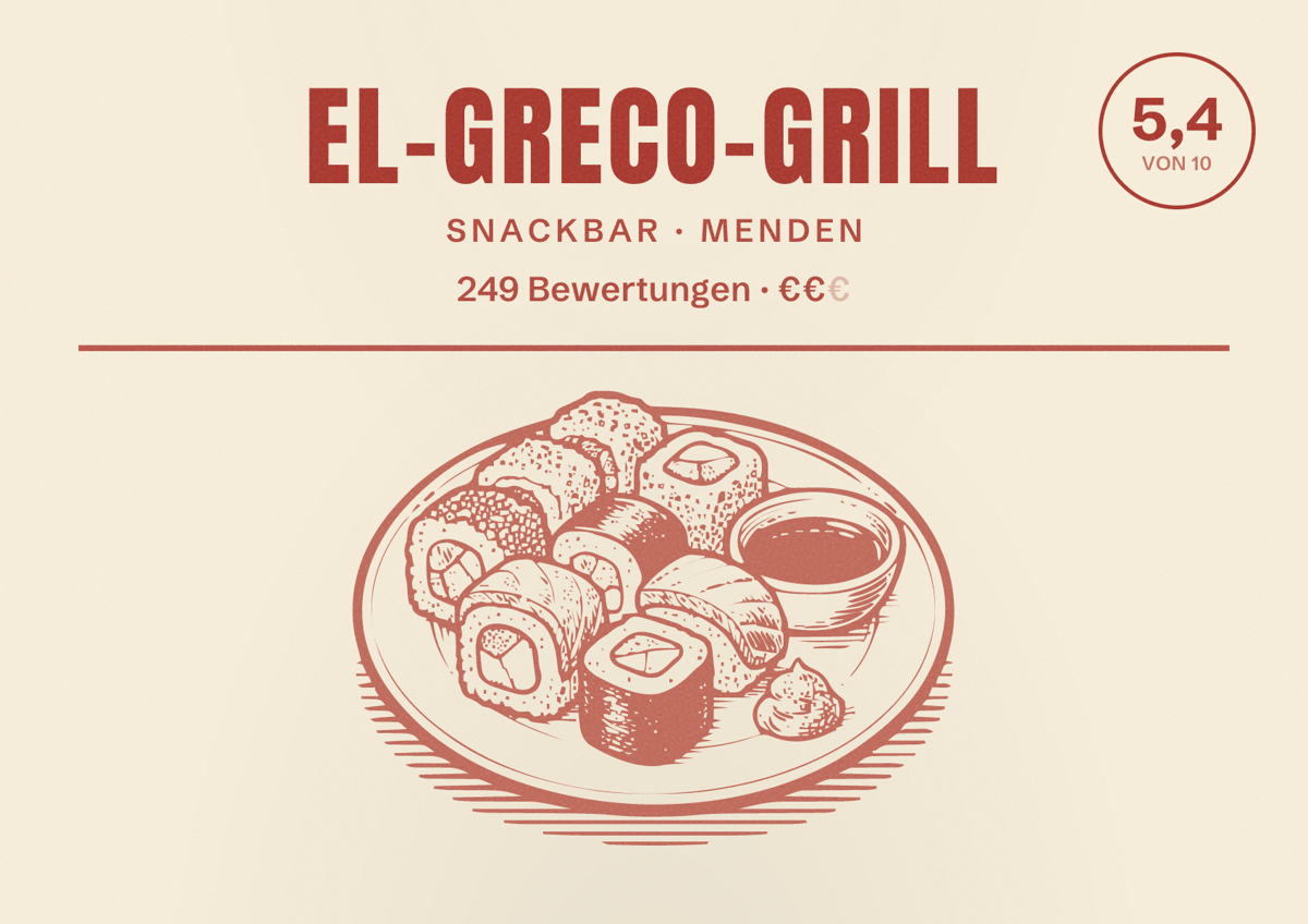 Illustriertes Poster von El-Greco-Grill, Snackbar in Menden: Gästebewertung 5,4 von 10 aus 249 Bewertungen