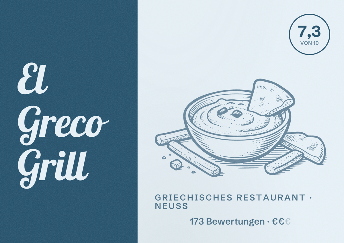 Illustriertes Poster von El Greco Grill, Griechisches Restaurant in Neuss: Bewertung 7,3 von 10 aus 173 Bewertungen, Preisniveau €€