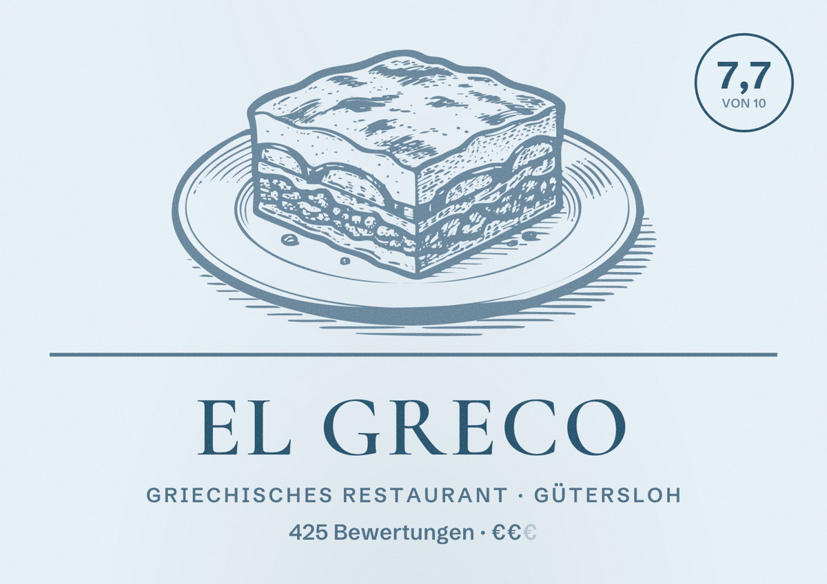 Illustriertes Poster von El Greco, Griechisches Restaurant in Gütersloh: Bewertung 7,7 von 10 aus 425 Bewertungen, Preisniveau €€
