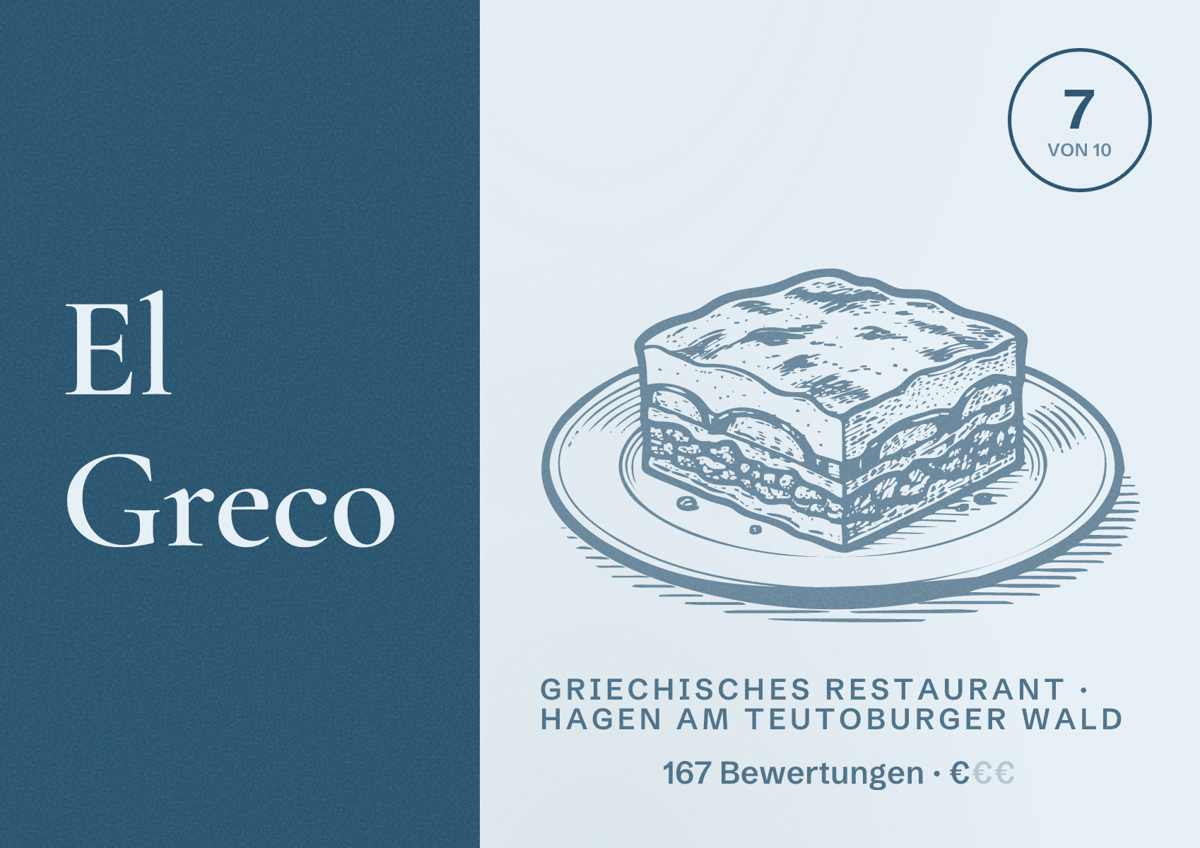 Illustriertes Poster von El Greco, Griechisches Restaurant in Hagen am Teutoburger Wald: Bewertung 7 von 10 aus 167 Bewertungen, Preisniveau €