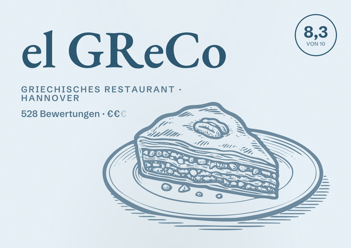 Illustriertes Poster von el GReCo, Griechisches Restaurant in Hannover: Bewertung 8,3 von 10 aus 528 Bewertungen, Preisniveau €€