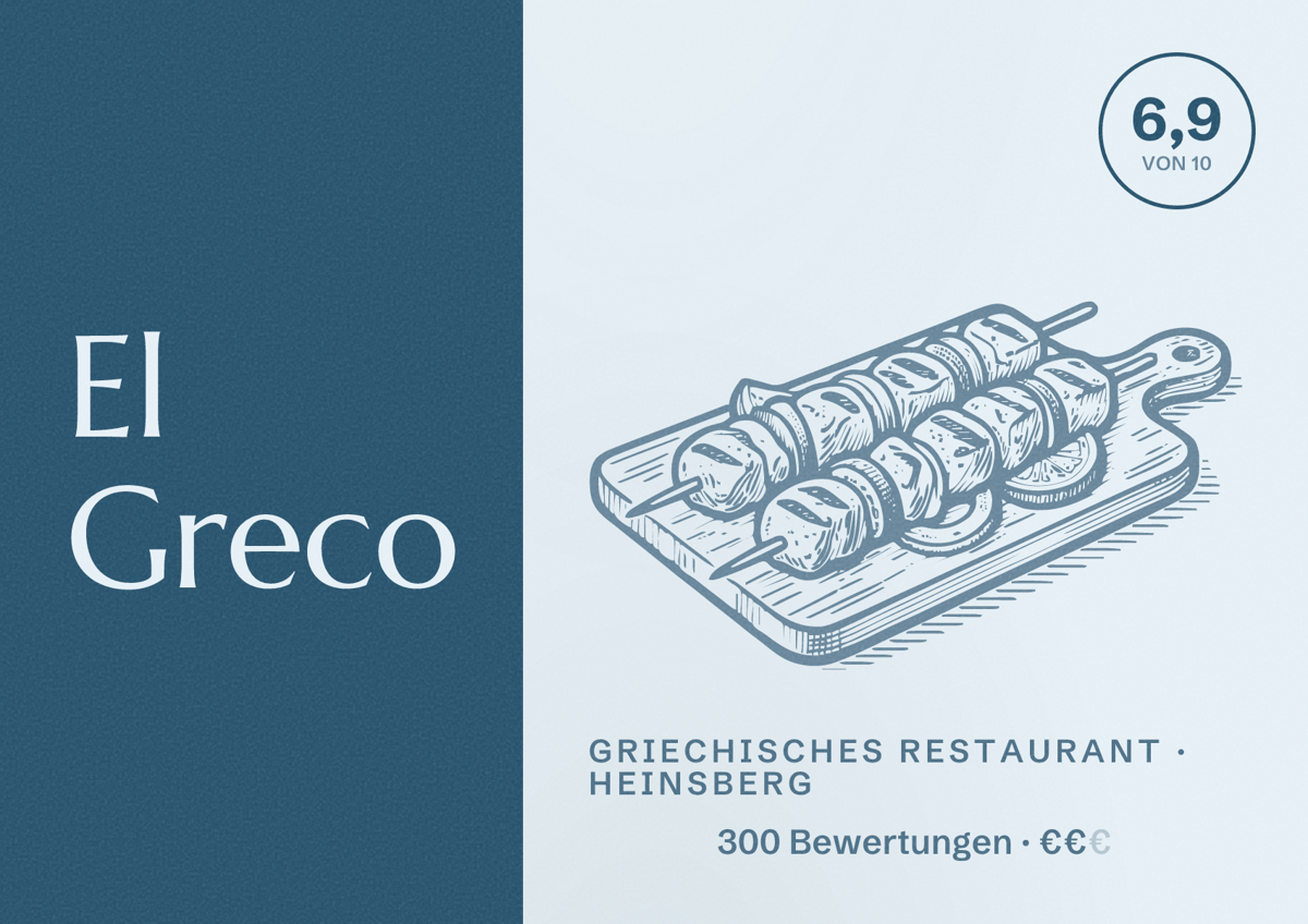 Illustriertes Poster von El Greco, Griechisches Restaurant in Heinsberg: Bewertung 6,9 von 10 aus 300 Bewertungen, Preisniveau €€