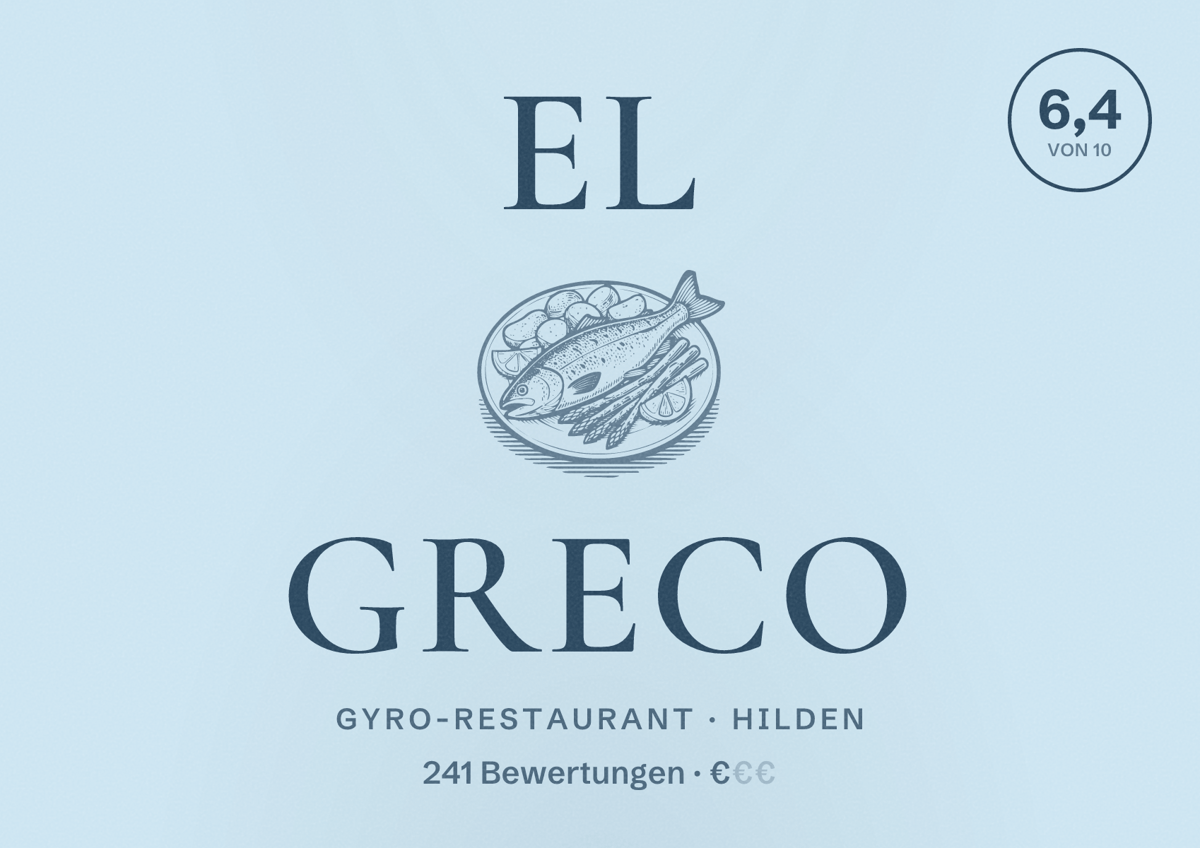 Illustriertes Poster von El Greco, Gyro-Restaurant in Hilden: Bewertung 6,4 von 10 aus 241 Bewertungen, Preisniveau €