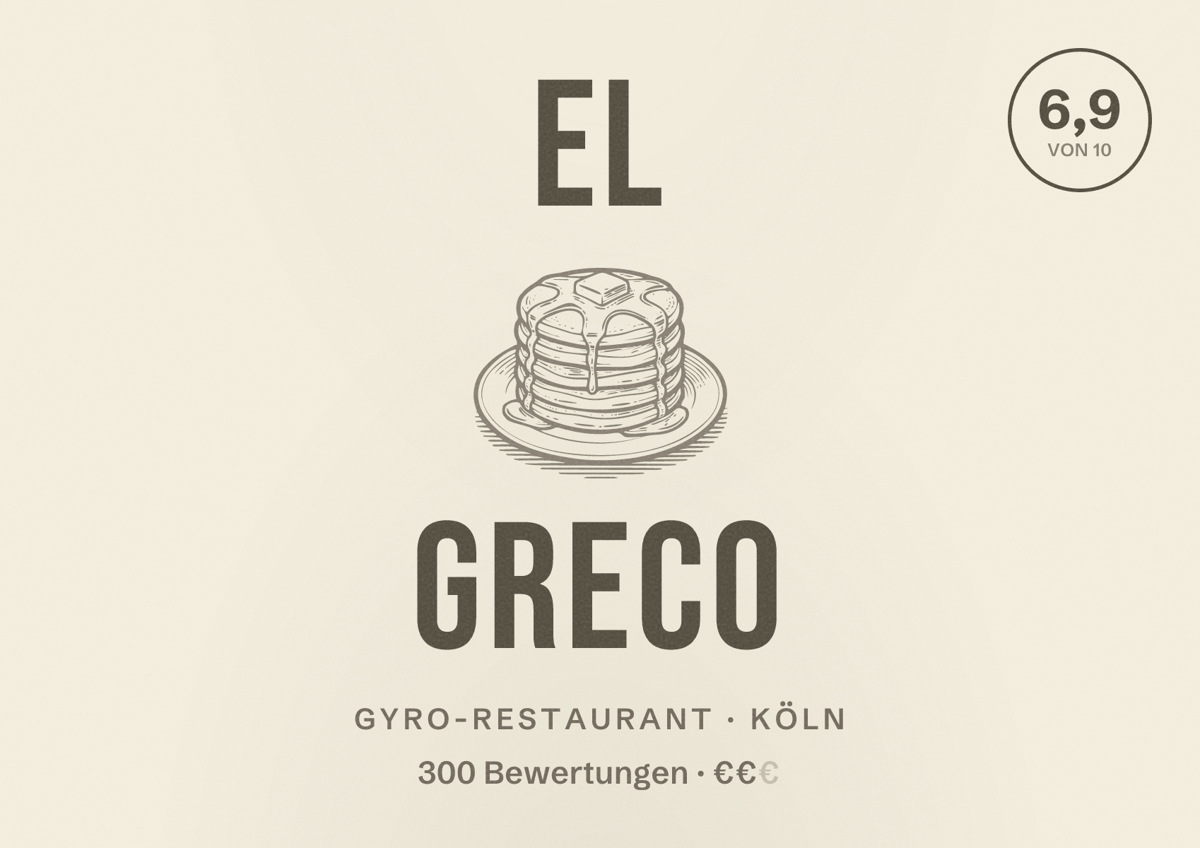 Illustriertes Poster von El Greco, Gyro-Restaurant in Köln: Bewertung 6,9 von 10 aus 300 Bewertungen, Preisniveau €€