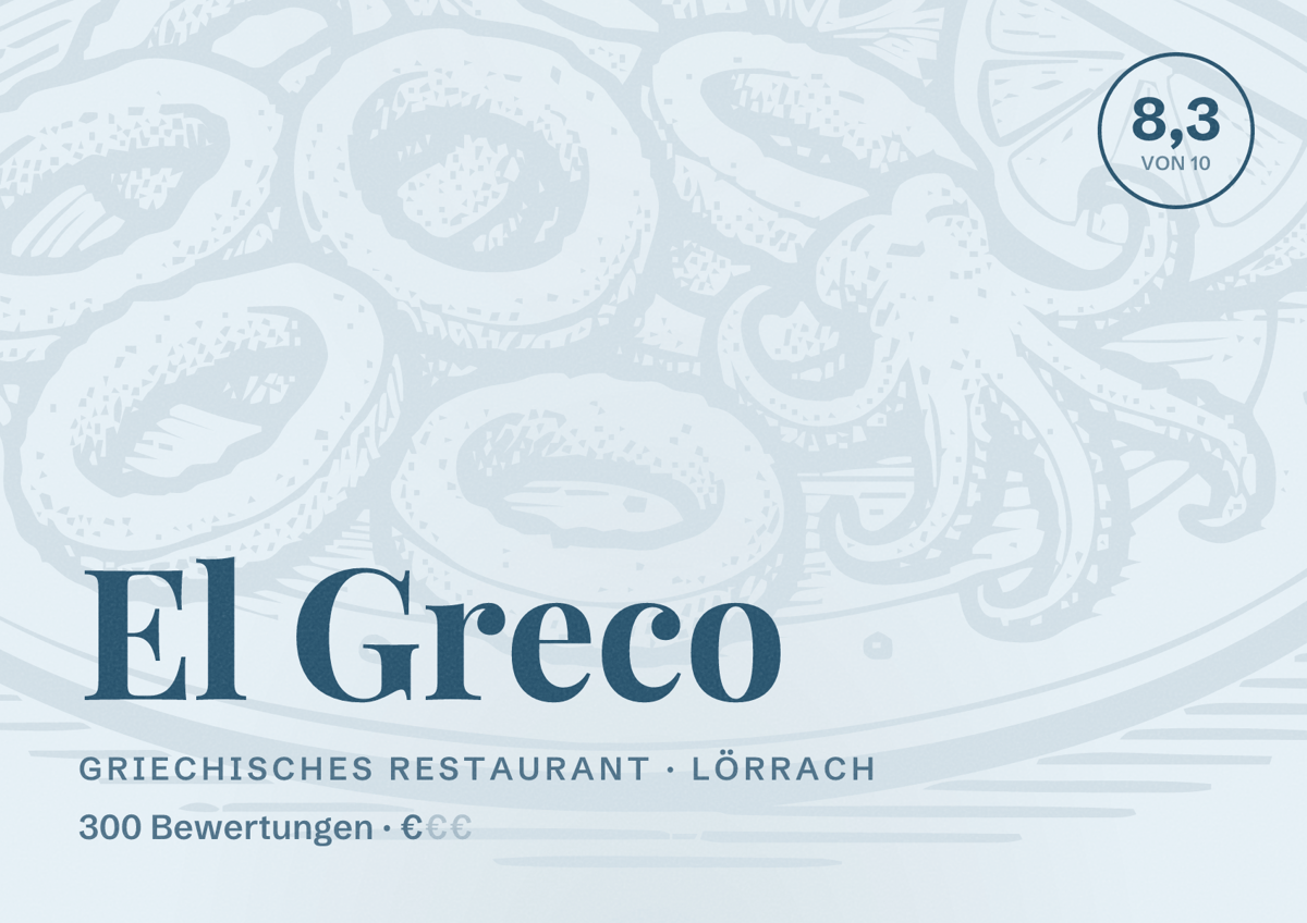 Illustriertes Poster von El Greco, Griechisches Restaurant in Lörrach: Bewertung 8,3 von 10 aus 300 Bewertungen, Preisniveau €