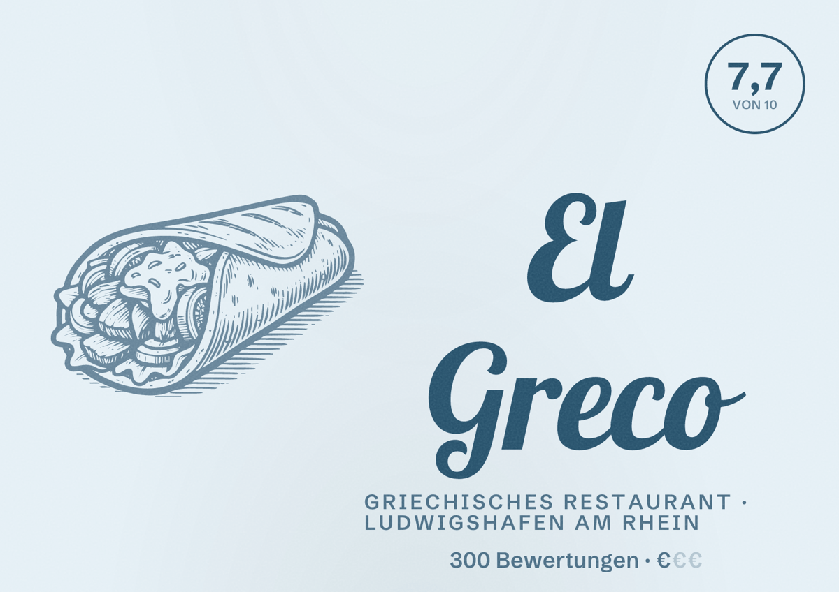 Illustriertes Poster von El Greco, Griechisches Restaurant in Ludwigshafen am Rhein: Bewertung 7,7 von 10 aus 300 Bewertungen, Preisniveau €