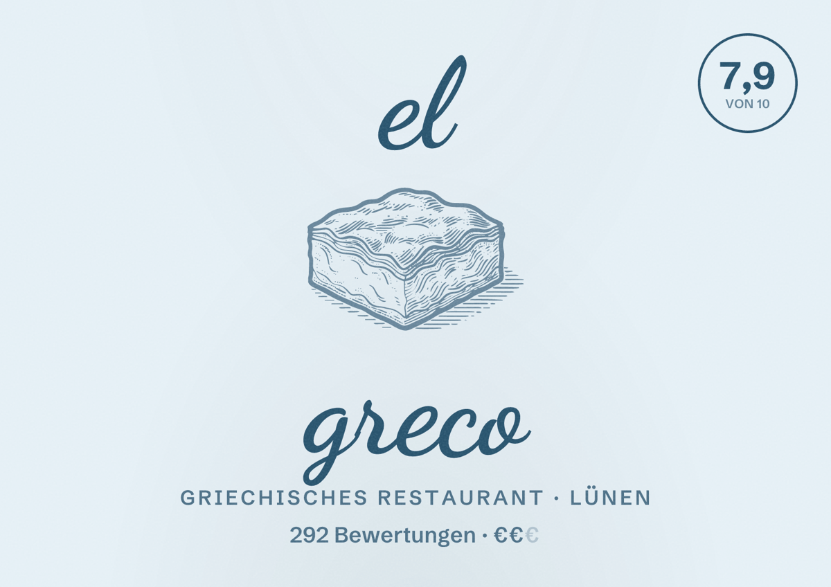 Illustriertes Poster von el greco, Griechisches Restaurant in Lünen: Bewertung 7,9 von 10 aus 292 Bewertungen, Preisniveau €€
