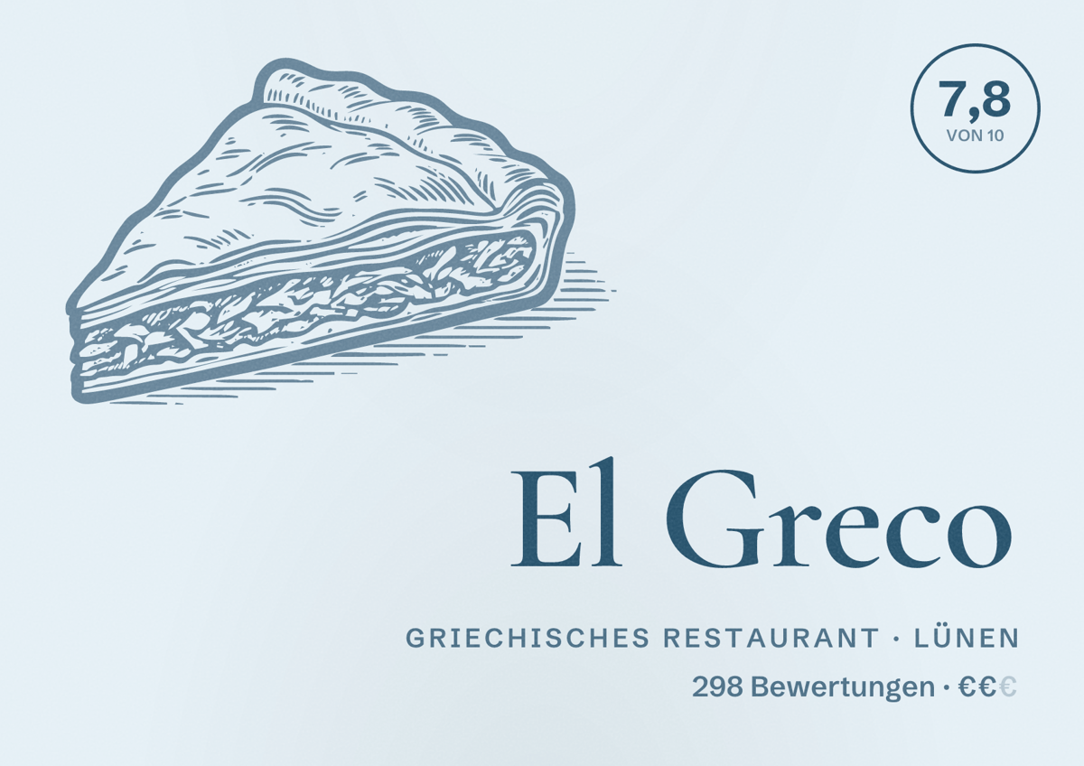 Illustriertes Poster von El Greco, Griechisches Restaurant in Lünen: Bewertung 7,8 von 10 aus 298 Bewertungen, Preisniveau €€