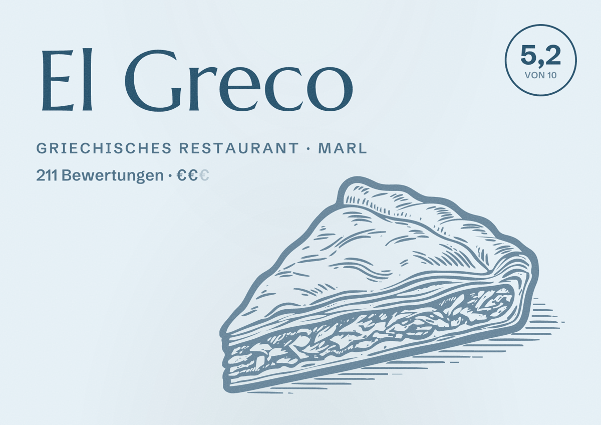 Illustriertes Poster von El Greco, Griechisches Restaurant in Marl: Bewertung 5,2 von 10 aus 211 Bewertungen, Preisniveau €€