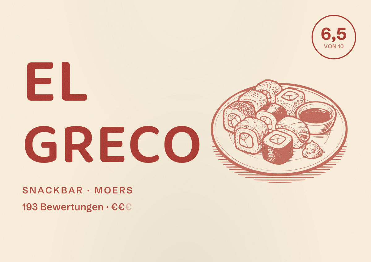 Illustriertes Poster von El Greco, Snackbar in Moers: Bewertung 6,5 von 10 aus 193 Bewertungen, Preisniveau €€