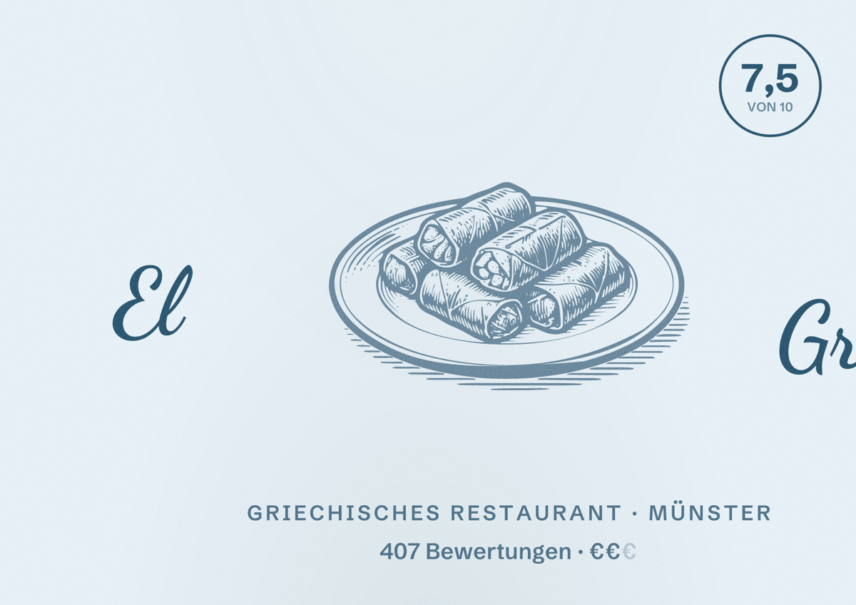 Illustriertes Poster von El Greco, Griechisches Restaurant in Münster: Bewertung 7,5 von 10 aus 407 Bewertungen, Preisniveau €€