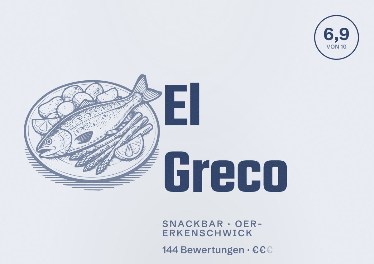 Illustriertes Poster von El Greco, Snackbar in Oer-Erkenschwick: Bewertung 6,9 von 10 aus 144 Bewertungen, Preisniveau €€