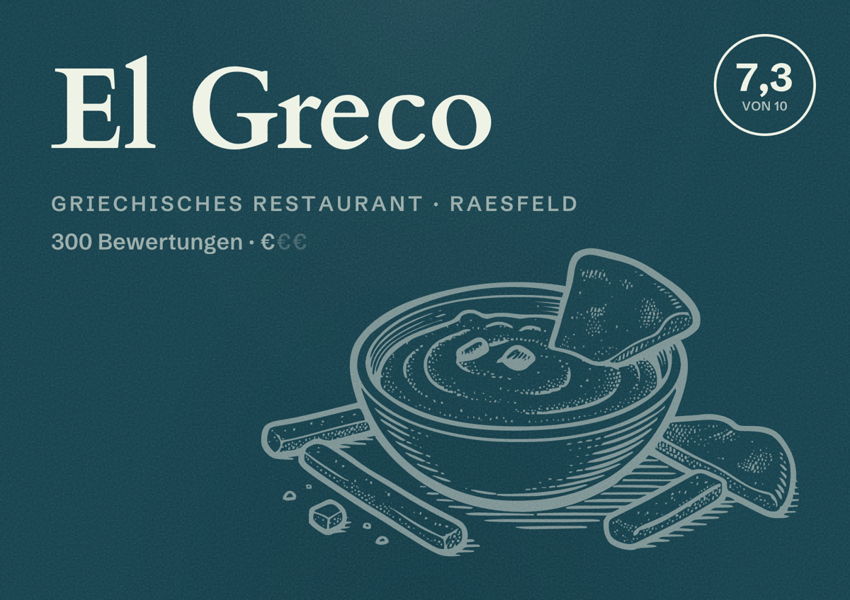 Illustriertes Poster von El Greco, Griechisches Restaurant in Raesfeld: Bewertung 7,3 von 10 aus 300 Bewertungen, Preisniveau €