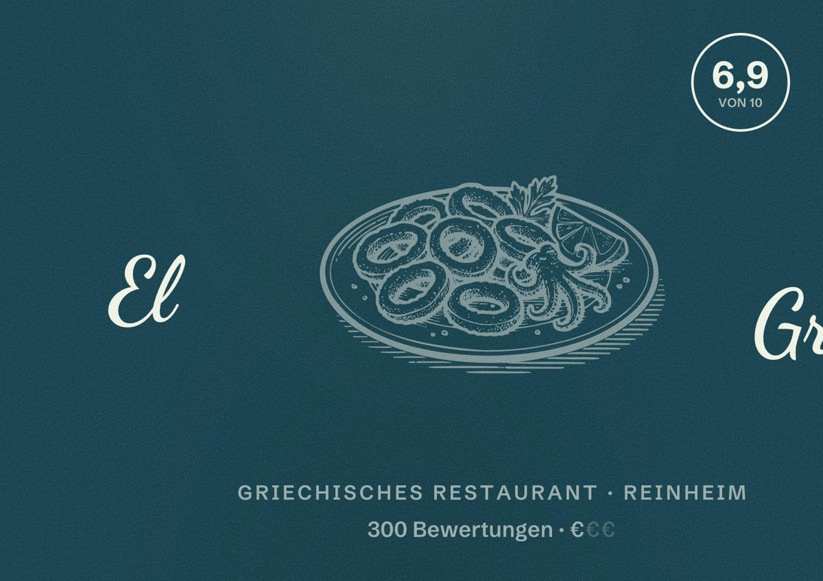 Illustriertes Poster von El Greco, Griechisches Restaurant in Reinheim: Bewertung 6,9 von 10 aus 300 Bewertungen, Preisniveau €