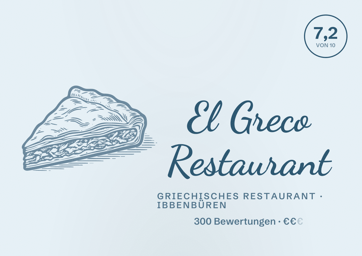 Illustriertes Poster von El Greco Restaurant, Griechisches Restaurant in Ibbenbüren: Bewertung 7,2 von 10 aus 300 Bewertungen, Preisniveau €€