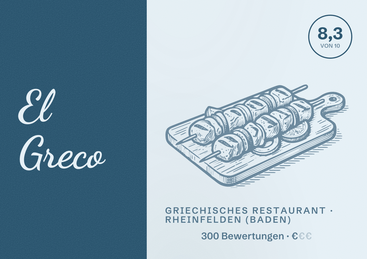 Illustriertes Poster von El Greco, Griechisches Restaurant in Rheinfelden (Baden): Bewertung 8,3 von 10 aus 300 Bewertungen, Preisniveau €