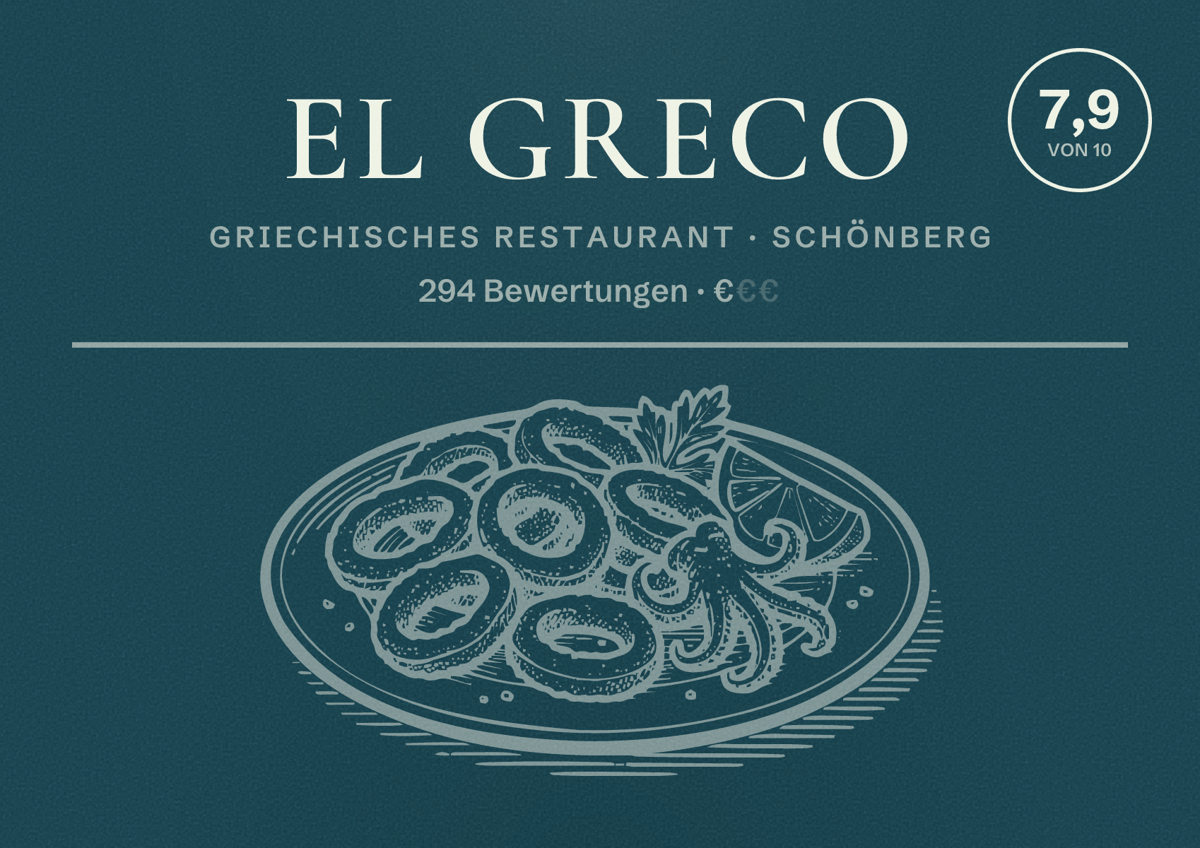 Illustriertes Poster von El Greco, Griechisches Restaurant in Schönberg: Bewertung 7,9 von 10 aus 294 Bewertungen, Preisniveau €
