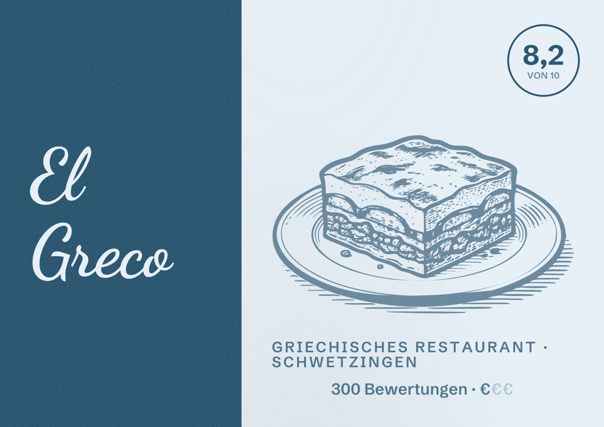 Illustriertes Poster von El Greco, Griechisches Restaurant in Schwetzingen: Bewertung 8,2 von 10 aus 300 Bewertungen, Preisniveau €