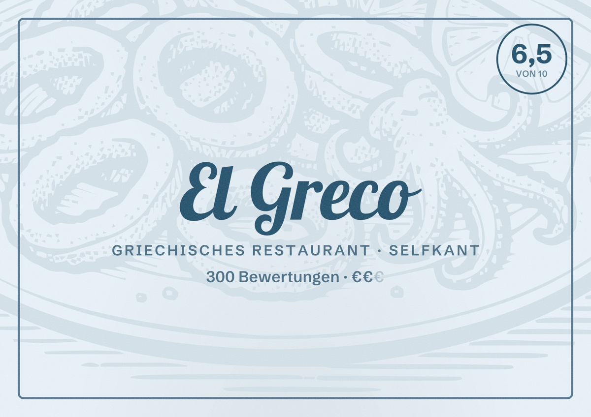 Illustriertes Poster von El Greco, Griechisches Restaurant in Selfkant: Bewertung 6,5 von 10 aus 300 Bewertungen, Preisniveau €€