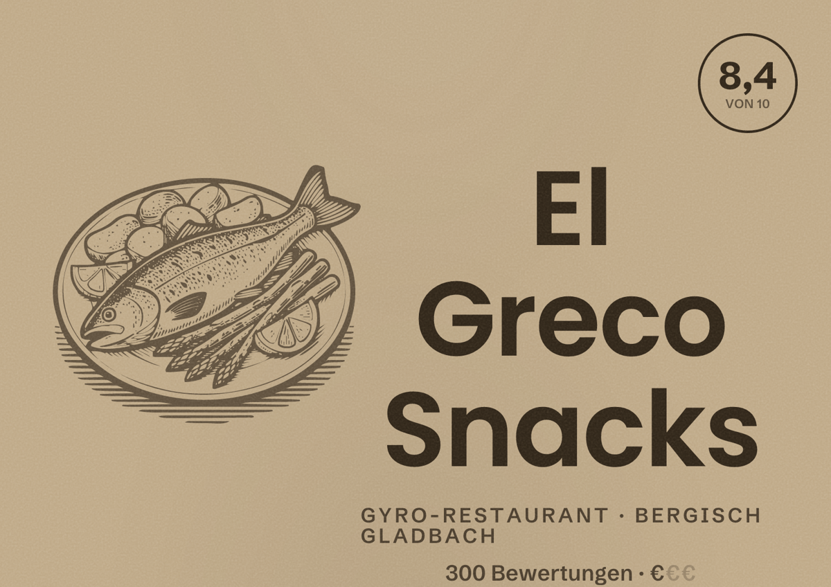 Illustriertes Poster von El Greco Snacks, Gyro-Restaurant in Bergisch Gladbach: Bewertung 8,4 von 10 aus 300 Bewertungen, Preisniveau €