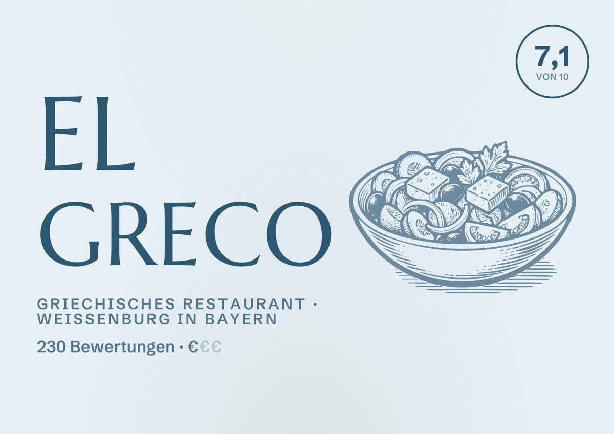 Illustriertes Poster von El Greco, Griechisches Restaurant in Weißenburg in Bayern: Bewertung 7,1 von 10 aus 230 Bewertungen, Preisniveau €
