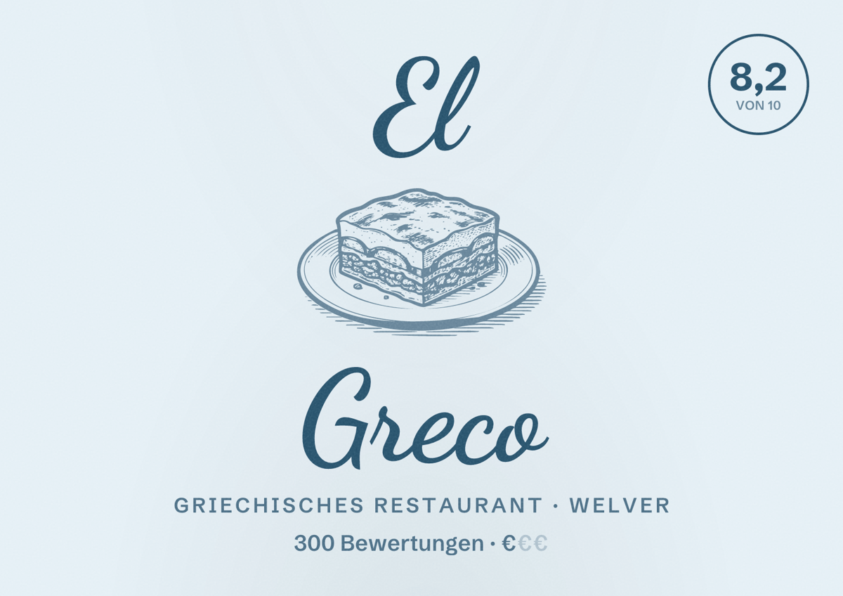 Illustriertes Poster von El Greco, Griechisches Restaurant in Welver: Bewertung 8,2 von 10 aus 300 Bewertungen, Preisniveau €
