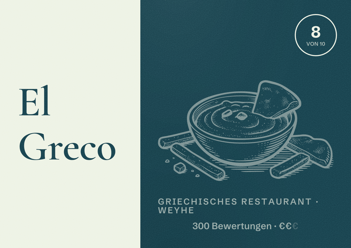 Illustriertes Poster von El Greco, Griechisches Restaurant in Weyhe: Bewertung 8 von 10 aus 300 Bewertungen, Preisniveau €€