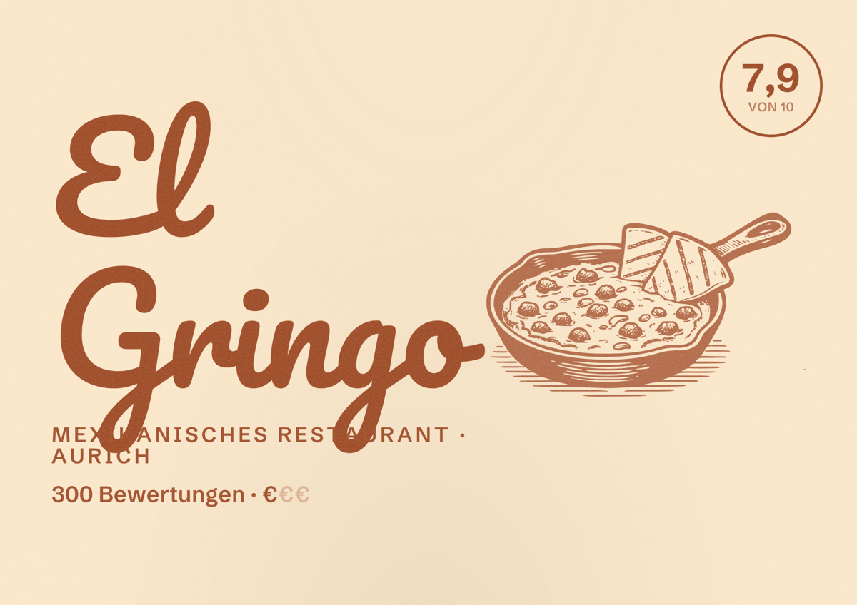 Illustriertes Poster von El Gringo, Mexikanisches Restaurant in Aurich: Bewertung 7,9 von 10 aus 300 Bewertungen, Preisniveau €