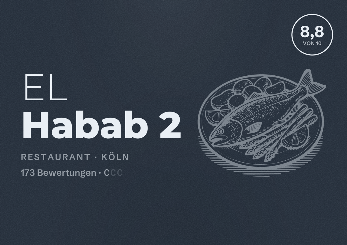 Illustriertes Poster von EL Habab 2, Restaurant in Köln: Bewertung 8,8 von 10 aus 173 Bewertungen, Preisniveau €