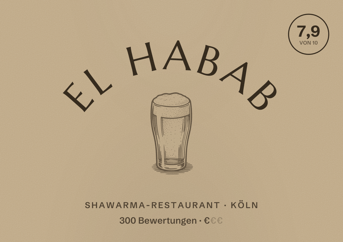 Illustriertes Poster von EL HABAB, Shawarma-Restaurant in Köln: Bewertung 7,9 von 10 aus 300 Bewertungen, Preisniveau €