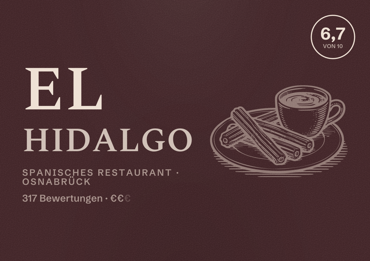 Illustriertes Poster von El Hidalgo, Spanisches Restaurant in Osnabrück: Bewertung 6,7 von 10 aus 317 Bewertungen, Preisniveau €€