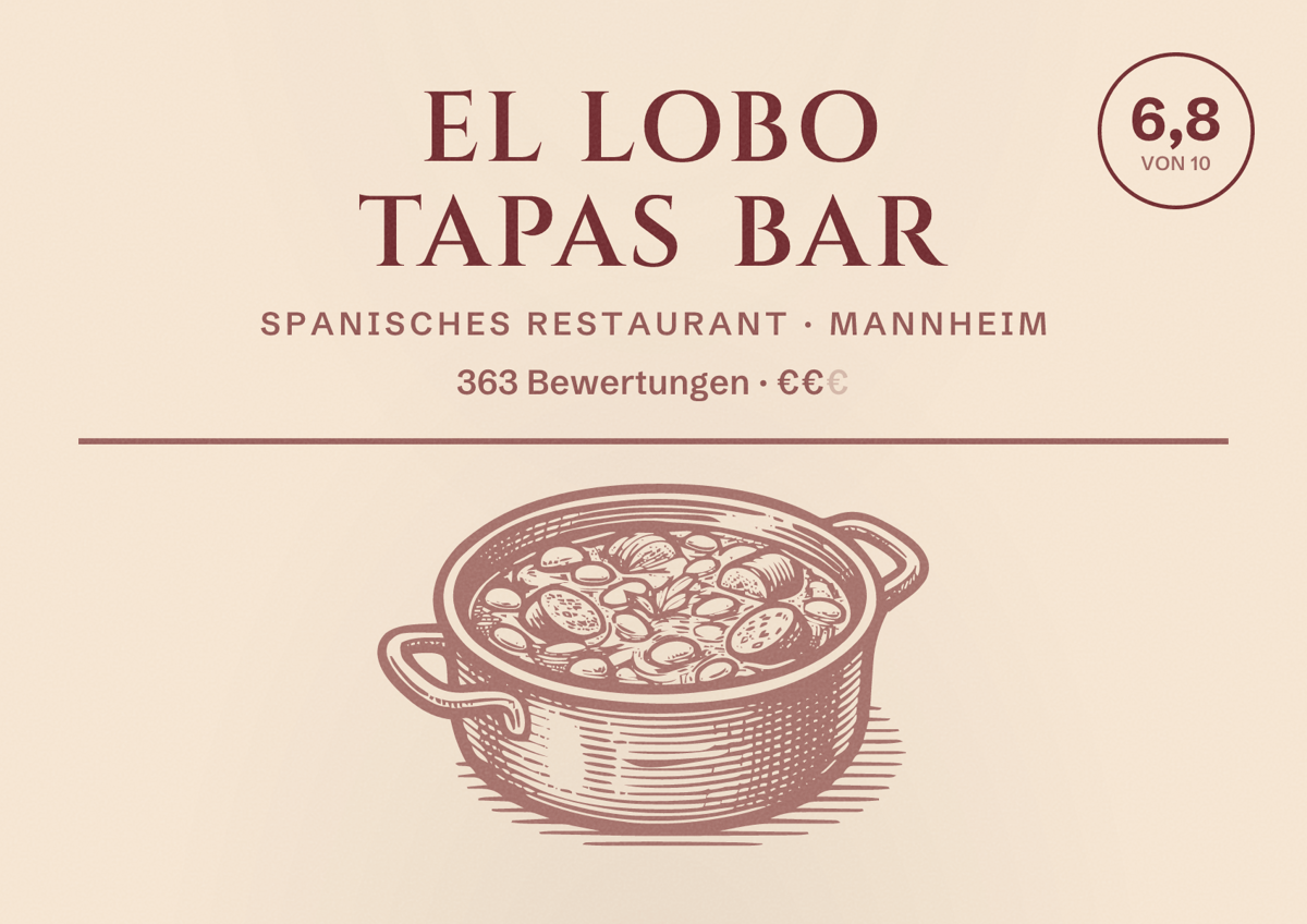 Illustriertes Poster von El Lobo Tapas Bar, Spanisches Restaurant in Mannheim: Bewertung 6,8 von 10 aus 363 Bewertungen, Preisniveau €€