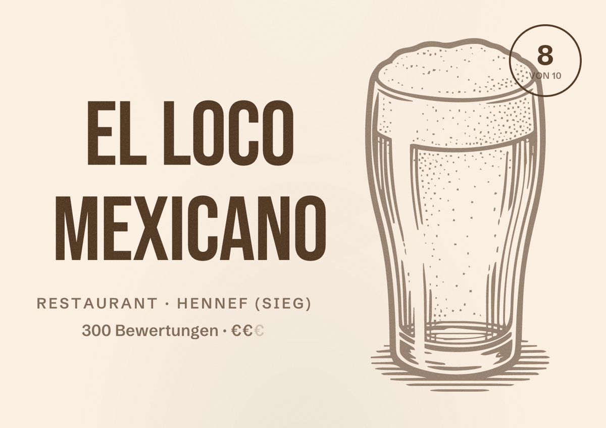 Illustriertes Poster von El Loco Mexicano, Restaurant in Hennef (Sieg): Bewertung 8 von 10 aus 300 Bewertungen, Preisniveau €€