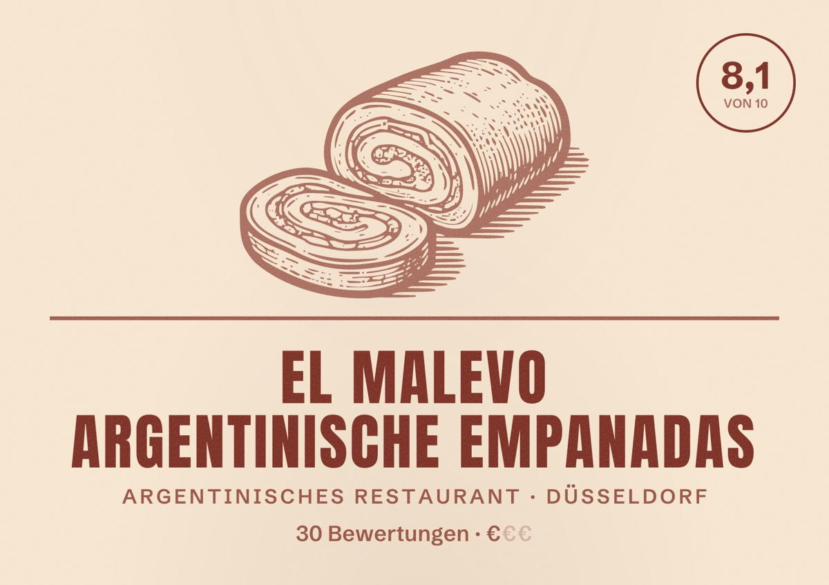 Illustriertes Poster von El Malevo Argentinische Empanadas, Argentinisches Restaurant in Düsseldorf: Bewertung 8,1 von 10 aus 30 Bewertungen, Preisniveau €